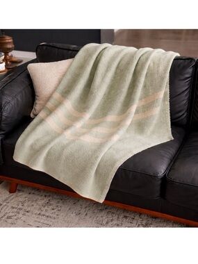Vintage Wool Blanket Sage Green w/Cream Stripes | Cozy Winter Cabin Throw